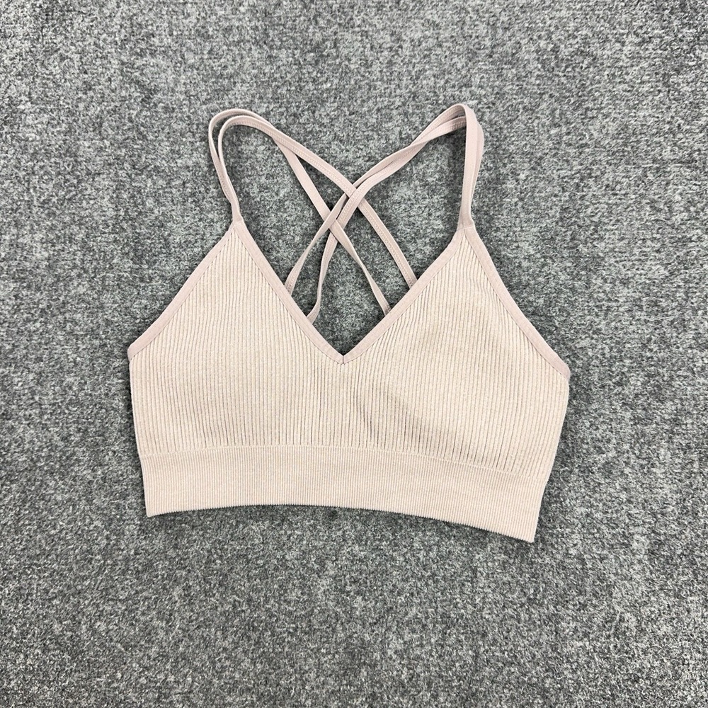 Aerie Sports Bra Womens Small Beige Ribbed Crossback Padded Yoga Athletic Top